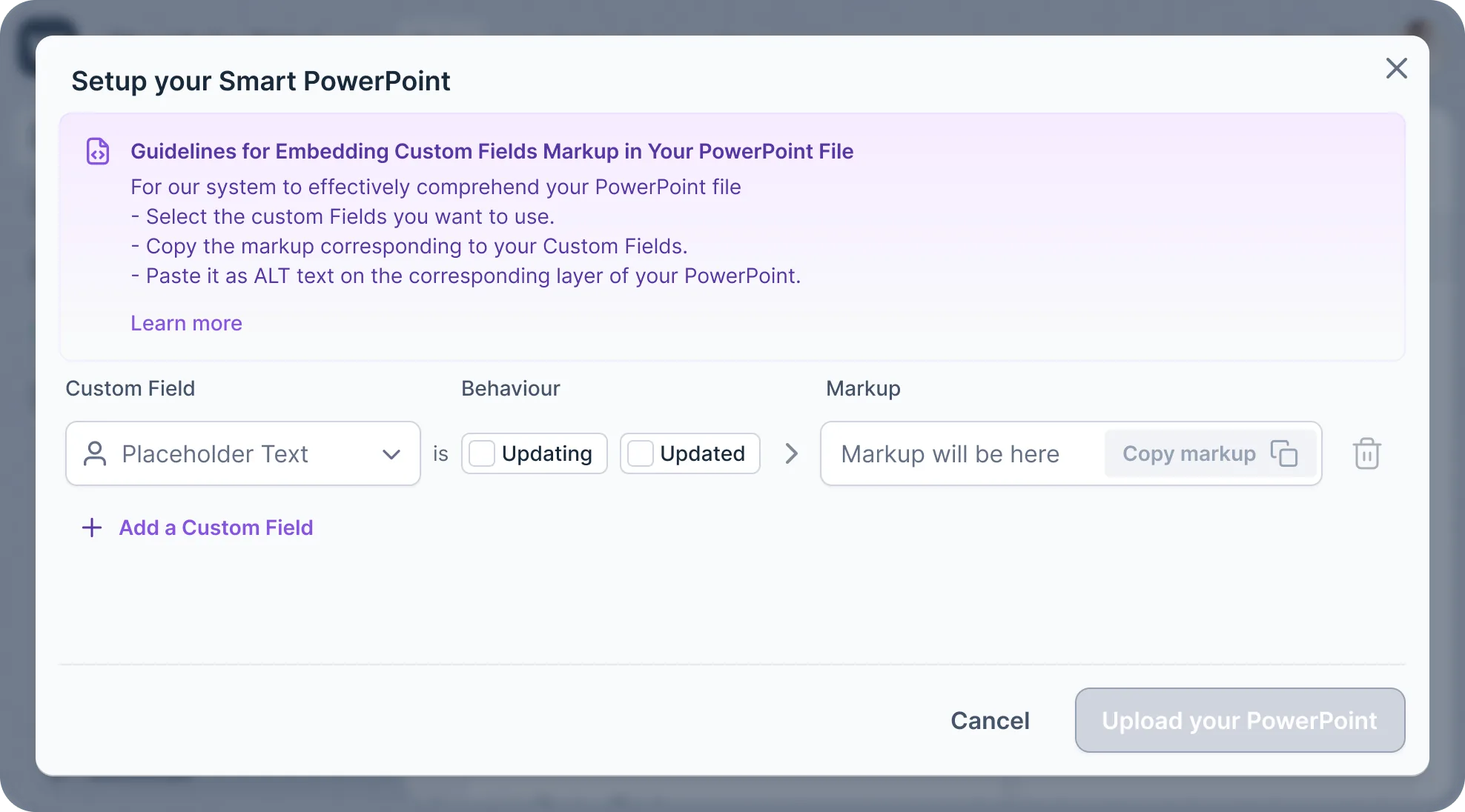 Smart PowerPoint setup binding live custom fields to slide markup