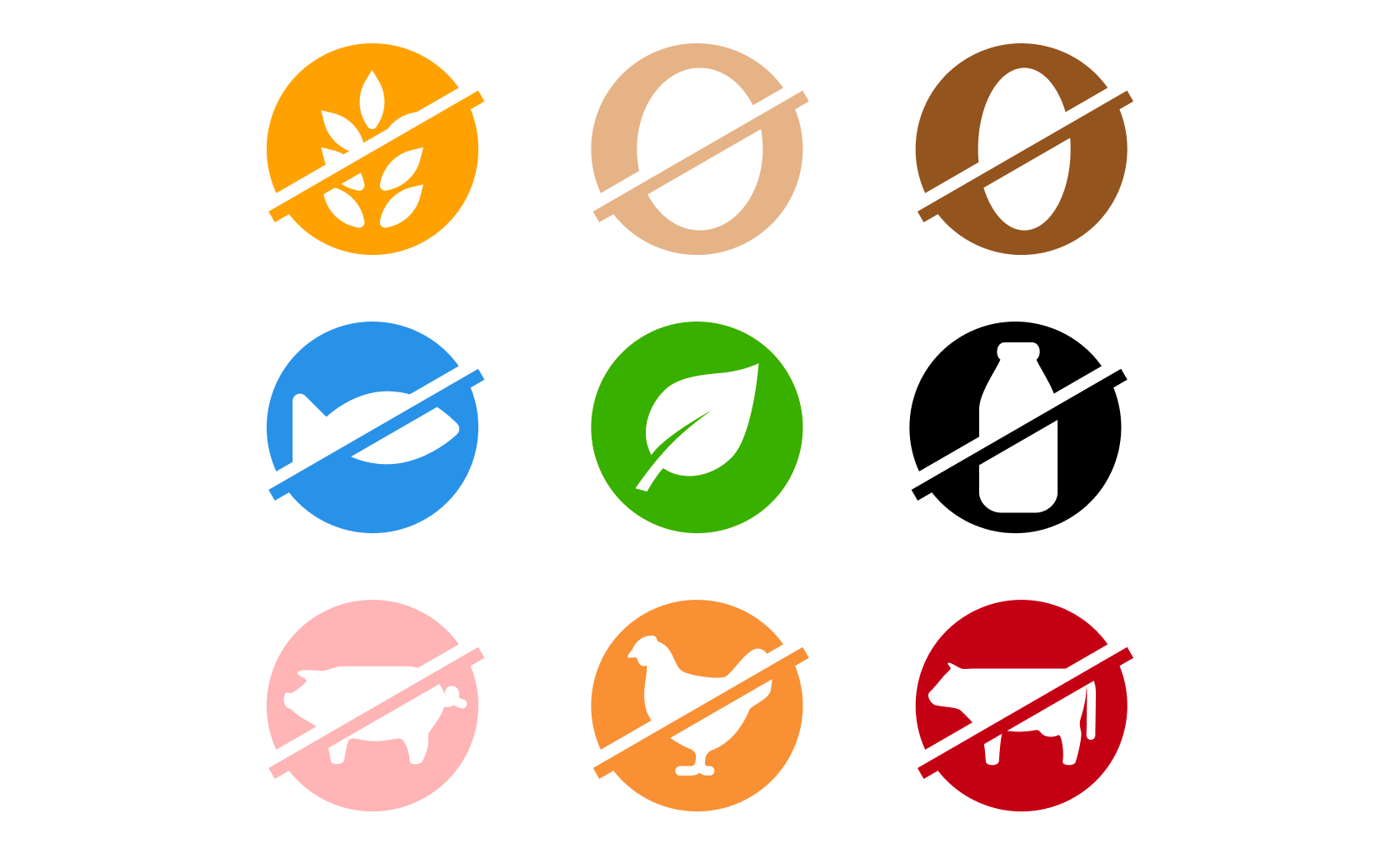 Dietary restriction icon system: gluten, egg, fish, dairy, pork, poultry, beef, and vegetarian marks