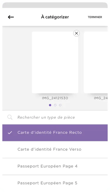 Document categorisation screen: assigning a photo to identity document types