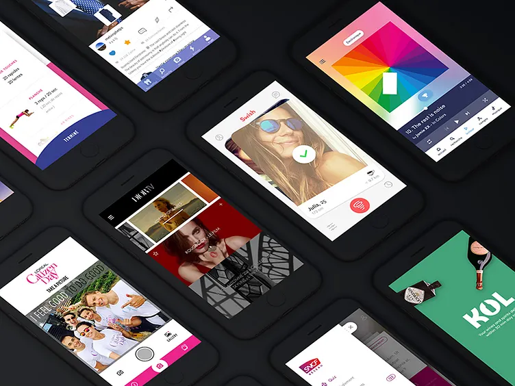 Montage of Geronimo-era apps on phone mockups: fitness, social, dating, music, luxury, and retail interfaces