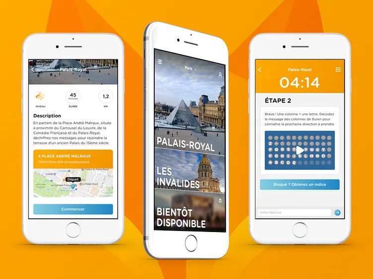 Foxie marketing mockup: route detail, city selection, and puzzle step across three phones