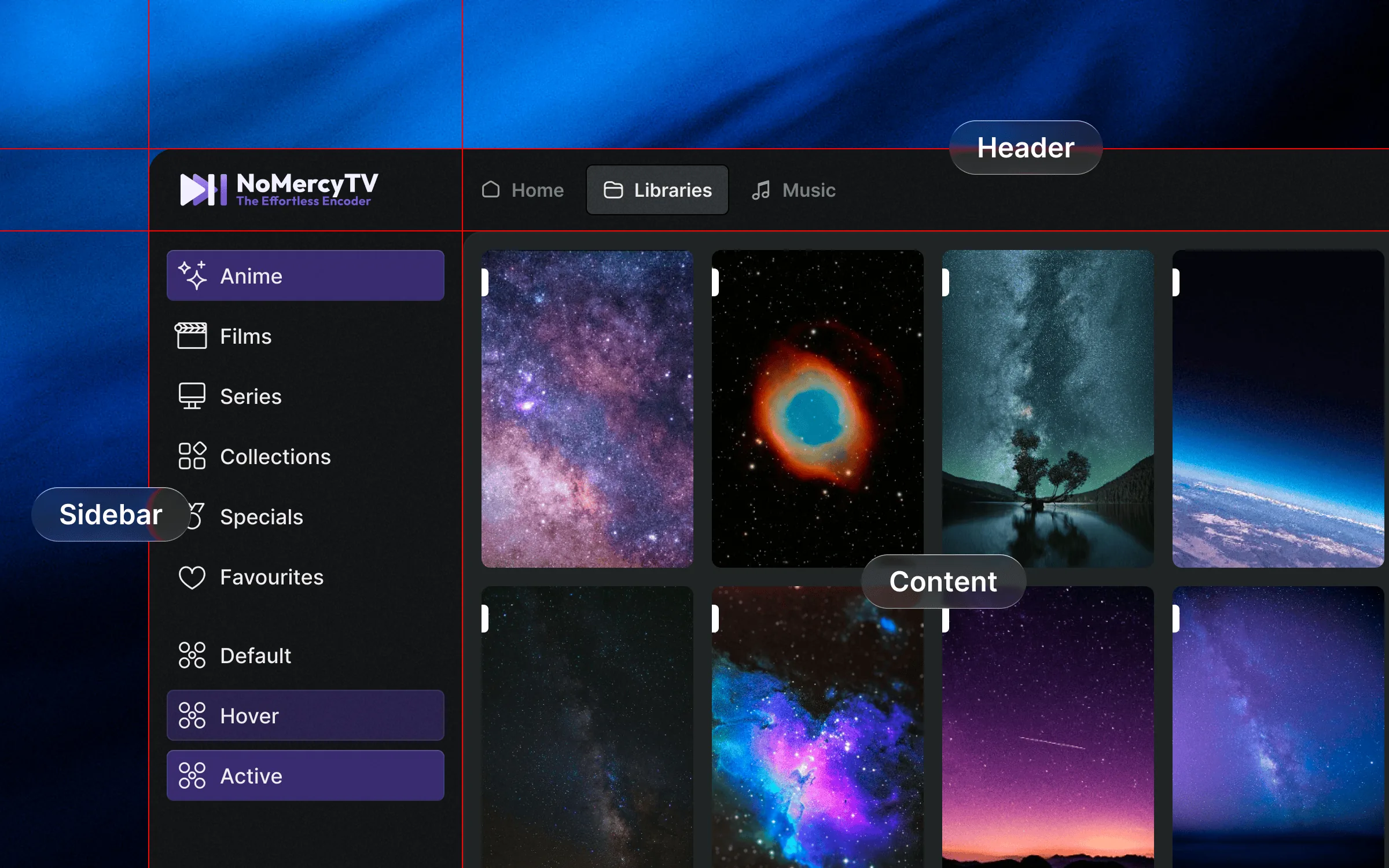 Navigation system mockup showing header-sidebar-content triad