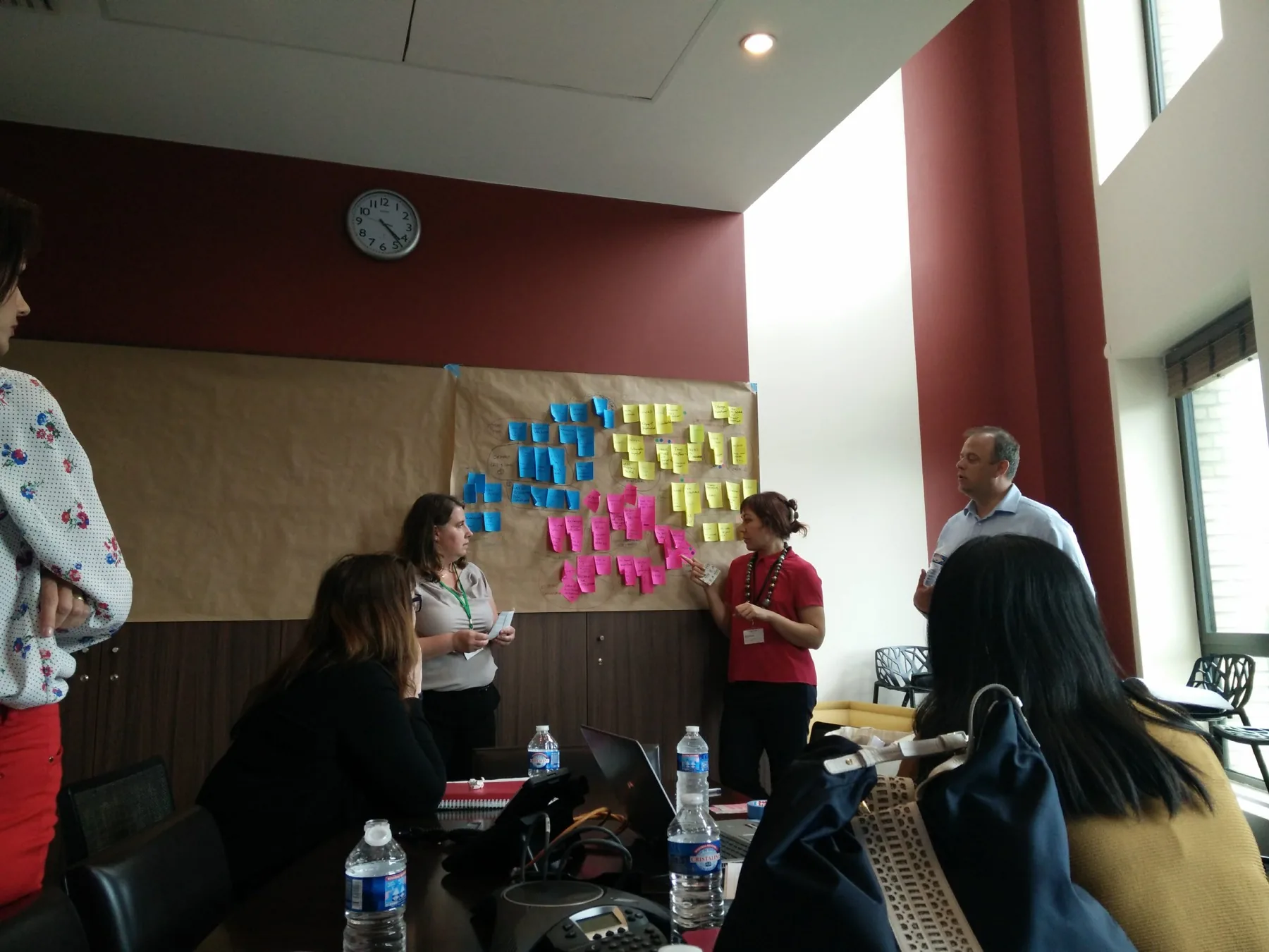 Facilitated session at the research wall: participants discussing clustered sticky notes